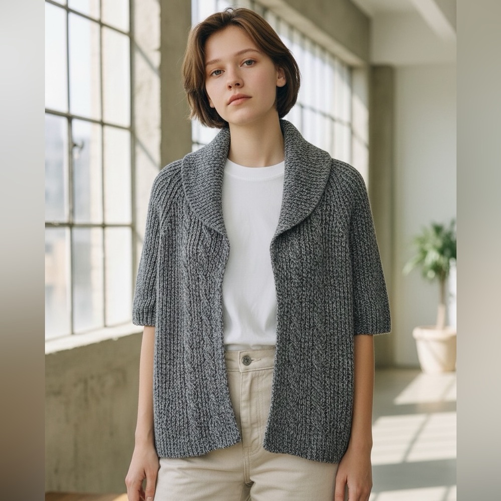 Vintage Kim Rogers Short Sleeve Open Front Cable Knit Gray Cardigan size Medium